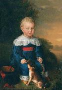 unknow artist Portrait of a young boy with toy gun and dog oil painting on canvas